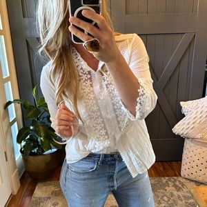 New White Bohemian Lace Button Front Blouse Top Western Boho Shirt